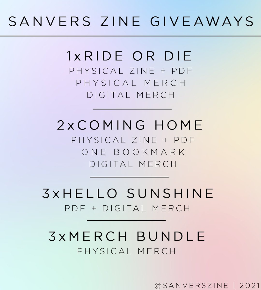 ✨SANVERS ZINE GIVEAWAY✨

We're giving away nine Sanvers zine bundles for free. Giveaway ends January 30th and the winners will be randomly picked.

How to enter:

🏳️‍🌈RT this tweet
🏳️‍🌈Follow us or have dms opened
🏳️‍🌈Enter only if you don't have a physical zine

Good luck!! #❤️