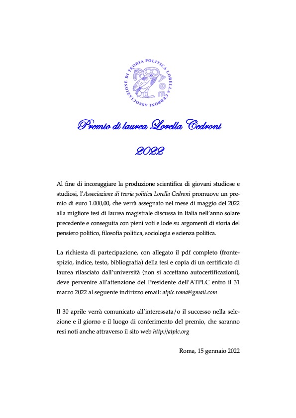 Pubblicato il #PremiodiLaurea #LorellaCedroni 2022. Hai discusso la #tesidilaurea #magistrale nell’anno solare 2021 (storia del pensiero, filosofia, sociologia e scienza politici)? Partecipa! atplc.org/premio-di-laur… <a href="/SapienzaRoma/">Sapienza Università di Roma</a> <a href="/disp/">Brendan McNulty</a> <a href="/mcmarchetti_/">Cristina Marchetti 🌿🌴</a> <a href="/bibliostoria/">Bibliostoria</a> <a href="/bibliofilosofia/">Biblioteca Filosofia Unimi</a>