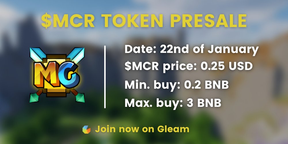 It is presale time! 🔥📢

You can now join the whitelist raffle for the $MCR token presale!

Complete the following Gleam to participate! 
➡️ gleam.io/sz8KU/minecryp…

IMPORTANT🧐
Token presale: January 22 at 18:00 UTC
Winners will be announced 24h before
