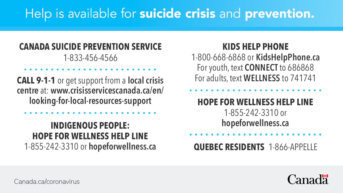 CPHO_Canada's tweet photo. Support is available, whether you’re in crisis or just need to talk. 24/7, free of charge, for people of ALL AGES across Canada: https://t.co/g8rMaq8mO1