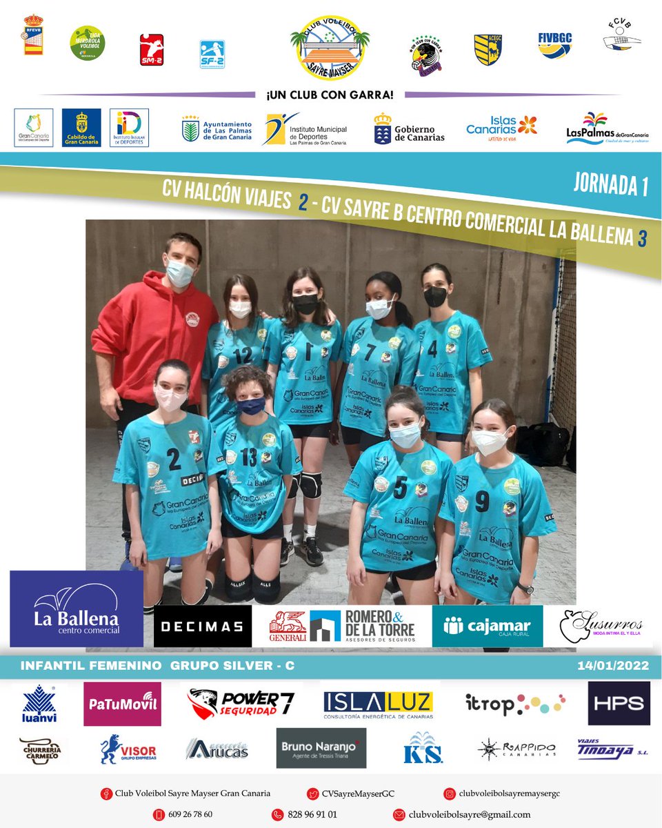 CVSayreMayserGC's tweet photo. FASE SEGUNDA
RESULTADO JORNADA 1.
COMPETICIÓN INFANTIL FEMENINA ISLA G.C. 21-22
Viernes 14/01/2022
#InfantilFemeninoVB
GRUPO SILVER C:
CV HALCÓN VIAJES 2 vs CV SAYRE B CENTRO COMERCIAL LA BALLENA 3
(25-21; 9-25; 25:21; 11-25; 2-15)
CV SAYRE ¡Un club con garra!
#fcanvb https://t.co/5ZqXIFqBIK