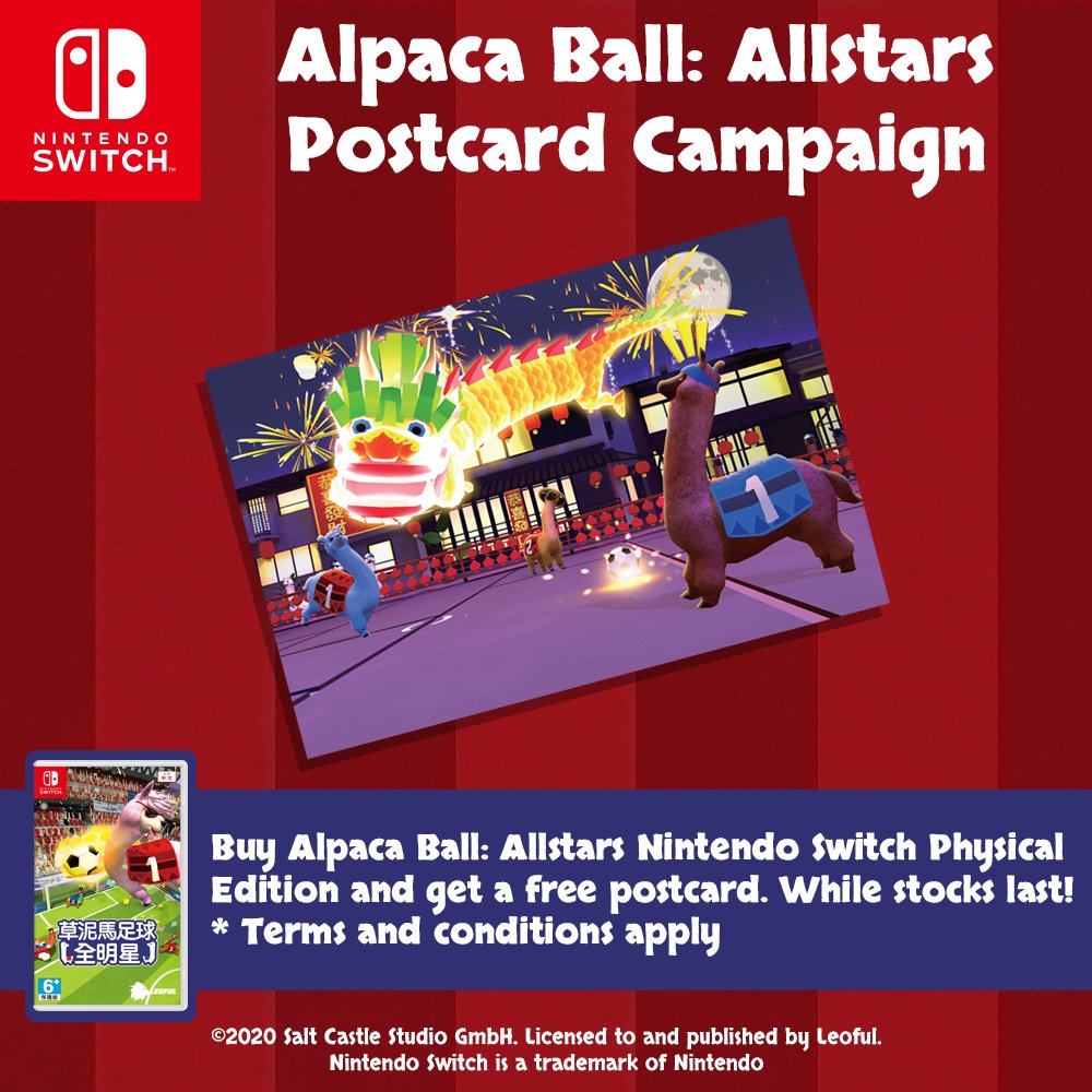 A new Alpaca Ball: Allstars Postcard Campaign kicks off this Lunar New Year!

From January 24, get a FREE Lunar New Year postcard when you buy a #NintendoSwitch physical copy of Alpaca Ball: Allstars at select retailers in Asia. While stocks last!

#AlpacaBall