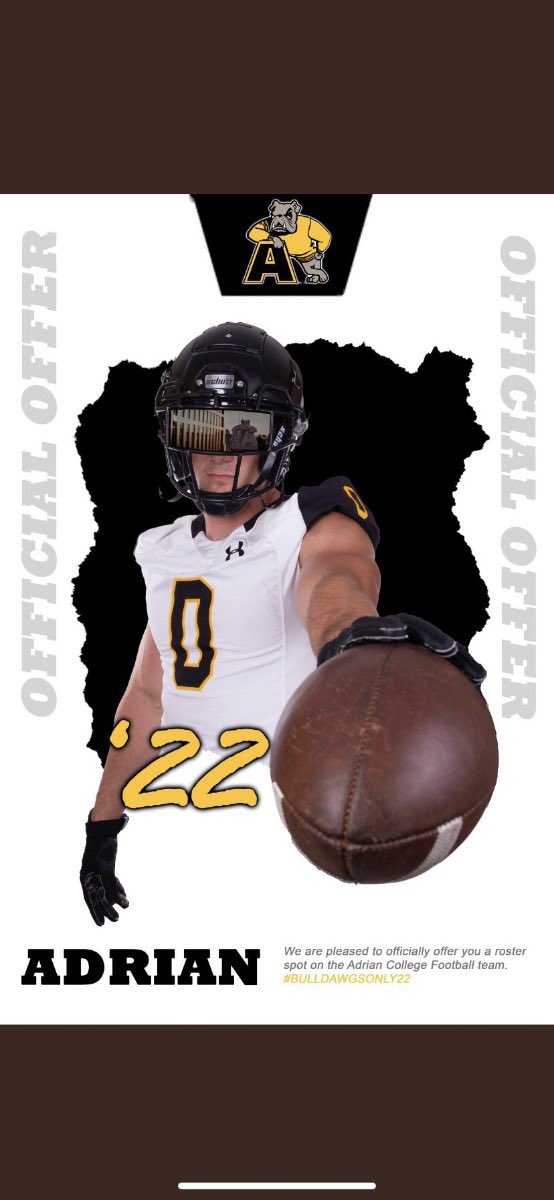 #AGTG
Blessed to say I have received an offer from Adrian College!
<a href="/coachbailey43/">Harry Bailey</a> <a href="/JimFDeere/">Jim Deere</a> <a href="/CoachFlip11/">Bill DeFillippo</a> <a href="/allen_feigel/">Coach Feigel</a> <a href="/LC_CHARGERS/">CHURCHILL FOOTBALL</a>