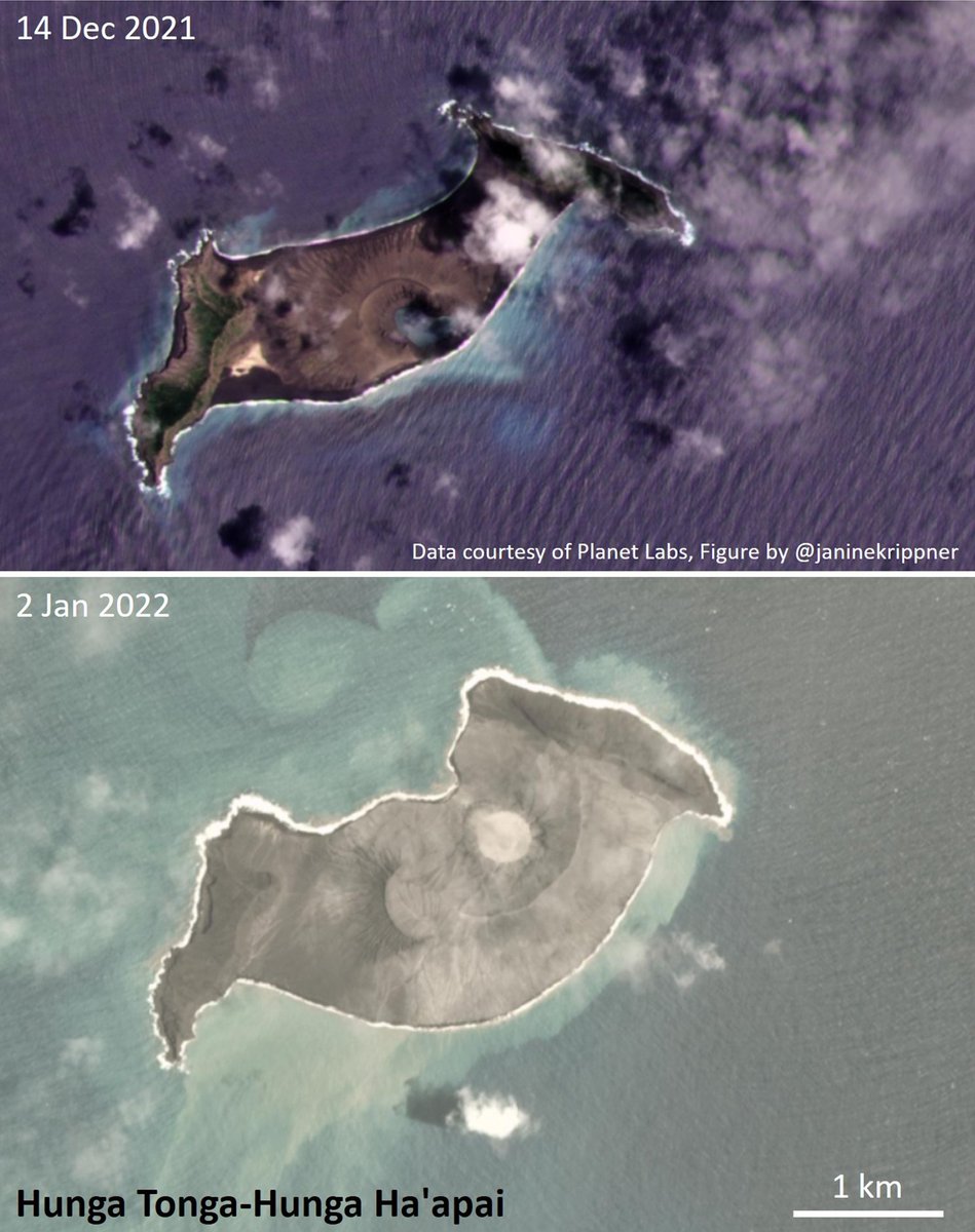 lcgeography's tweet photo. 18. The Hunga Tonga-Hunga Ha'apai volcano is what's called a Sursteyan eruption. The volcano is mostly underwater, sitting on the sea bed. But successive eruptions have brought its tip above sea level. These images show how much it grew in the eruptive period late Dec/early Jan. https://t.co/V8mYjhtirS