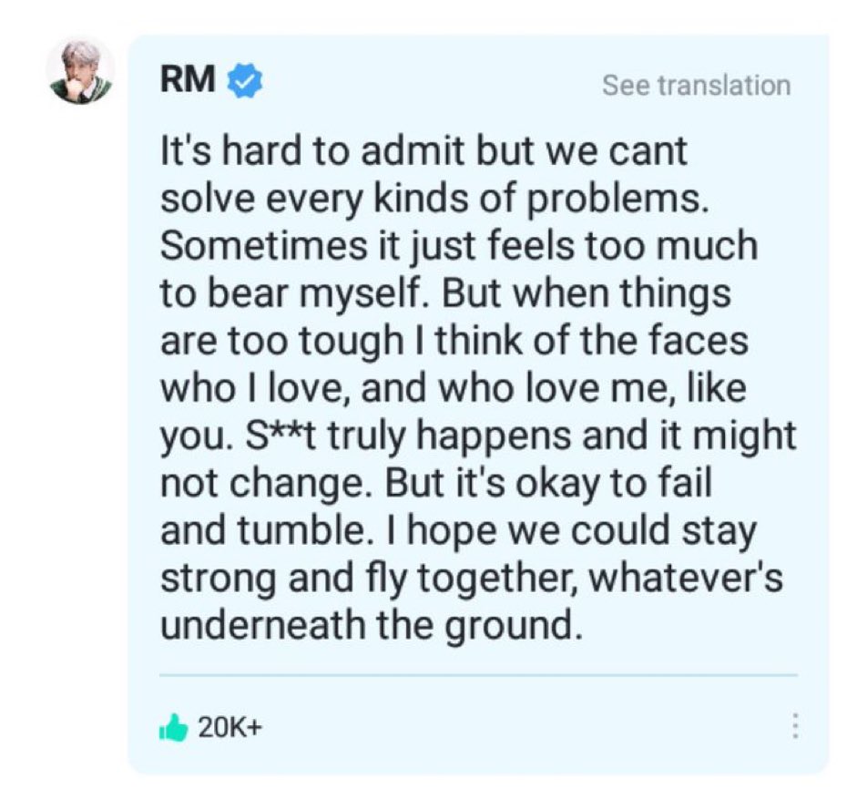 on days when i’m almost at my limit, i go back to namjoon’s words of wisdom. shit happens. it’s gonna be okay. 🥺