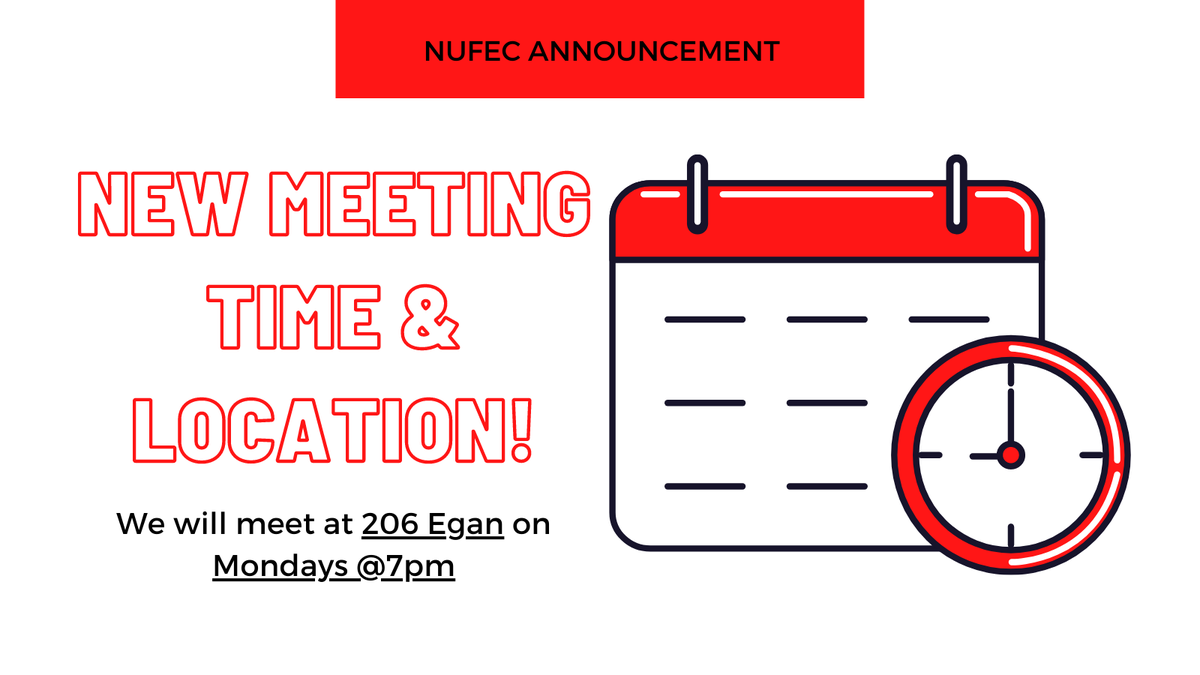 NUFEC's tweet photo. UPDATE!! NUFEC has a new meeting time and location this upcoming Spring semester! We will now be at 206 Egan Center on Mondays @7pm. Hope to see everyone there! https://t.co/XSrEAzWOZq