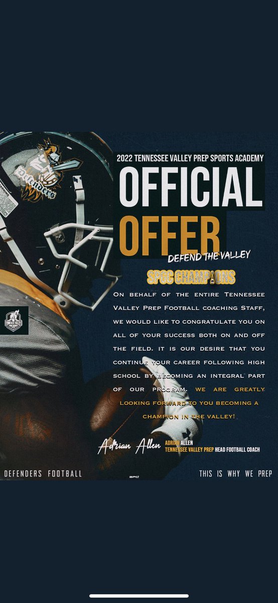 TreDunlap4's tweet photo. Blessed &amp; Honored to receive an offer from Tennessee Valley🟡 @AdrianA14341147 @blessedsa9 @TrustGod0824 https://t.co/ixnA6AjW5N
