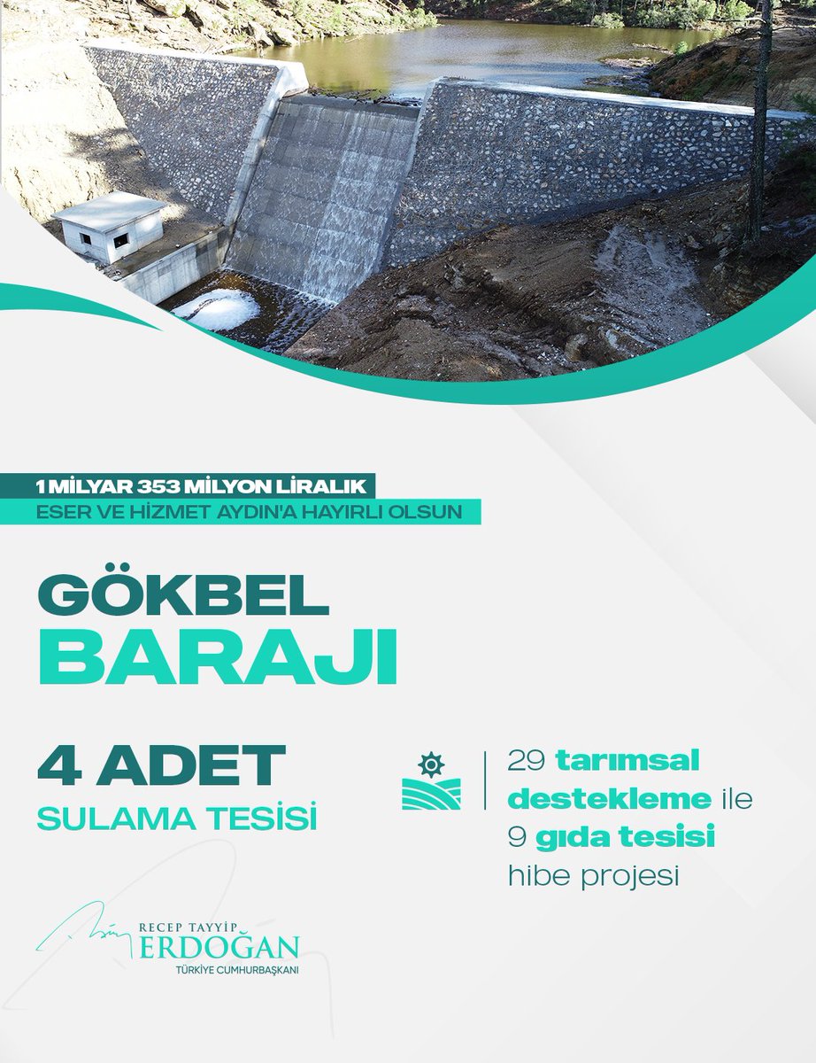 360 milyon liralık bir yatırımla tamamladığımız Gökbel Barajı açılışını da resmî olarak gerçekleştirdik.

Böylelikle 20 yılda Aydın’a 13 baraj, 8 gölet, 5 hidroelektrik santrali, 36 sulama tesisi ve 5 yer altı depolama tesisi inşa ettik.

4 baraj ve 8 gölet inşası ise sürüyor.