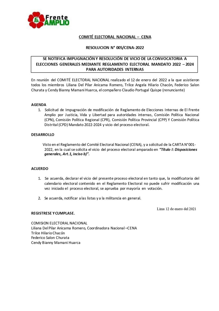 📃 RESOLUCIÓN N° 005/CENA-2022

Se declara, por mayoría, el vicio del proceso electoral que debió realizarse el día domingo 16 de Enero del 2022, al amparo del Título I: Disposiciones Generales, Art. 1, inciso b). 

Se acuerda notificar a las listas y militancia en general.