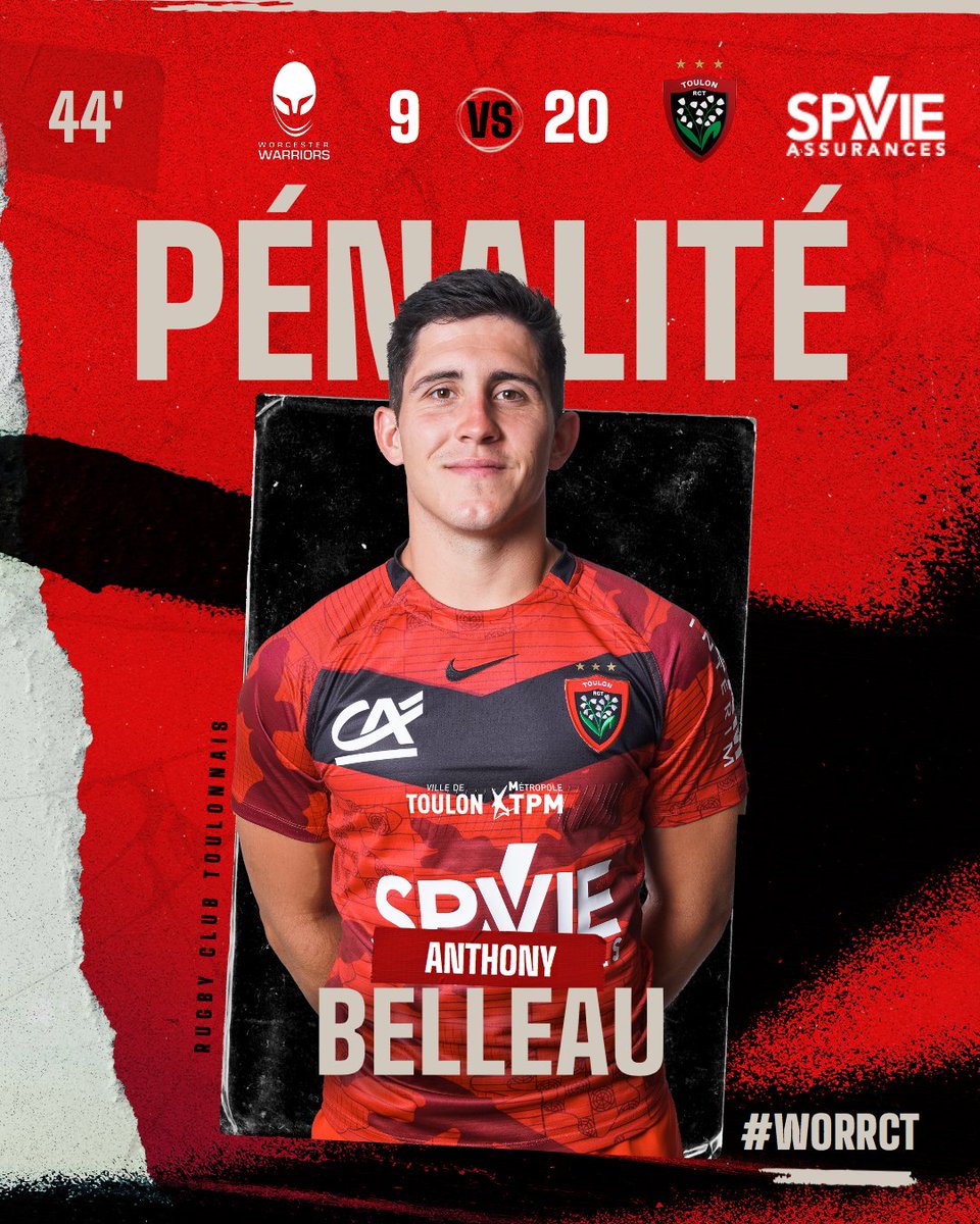 RCTofficiel's tweet photo. ⏱ 43' l 9 - 20 #WORRCT Anthony Belleau inscrit une nouvelle pénalité dès la reprise. https://t.co/8jbD6Zpvtd