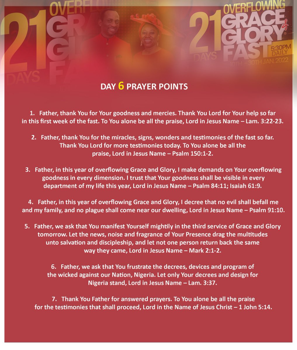 drbeckyenenche's tweet photo. #January2022 #2022OverflowingGraceAndGloryFast #Day6 #OurMonthOfDivineDirectionAndVision #OurYearOfOverflowingGraceAndGlory
2022 OVERFLOWING GRACE AND GLORY FAST – DAY 6 – SATURDAY 15TH JANUARY 2022
SCRIPTURE(S): PSALM 84:11
TOPIC: THE GOODNESS OF THE LORD
By: Dr Paul Enenche https://t.co/5D7WWmVqjz