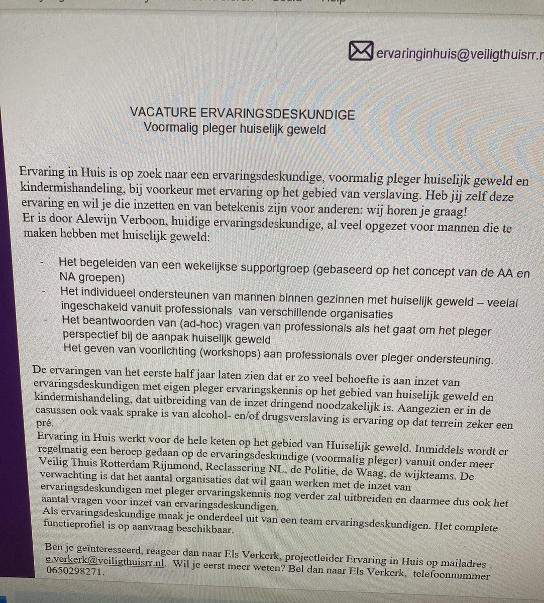 Voor Ervaring in Huis zoeken we dringend aanvulling op onze pool ervaringsdeskundigen huiselijk geweld en kindermishandeling. <a href="/VeiligThuisRdam/">Veilig Thuis Rotterdam Rijnmond</a>
