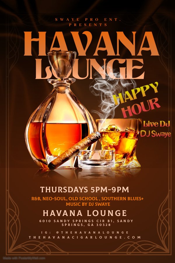 #FanDuelSameGameParlayHoliday Coming Thursdays! R&amp;B, Old School, Neo-Soul and Southern Blues music by ATL's own DJSWAYE aka #CelebrityDJ 5pm-9pm for happy hour before the live band! 

6010 Sandy Springs Cir b1, Sandy Springs, GA 30328

thehavanacigarlounge.com
