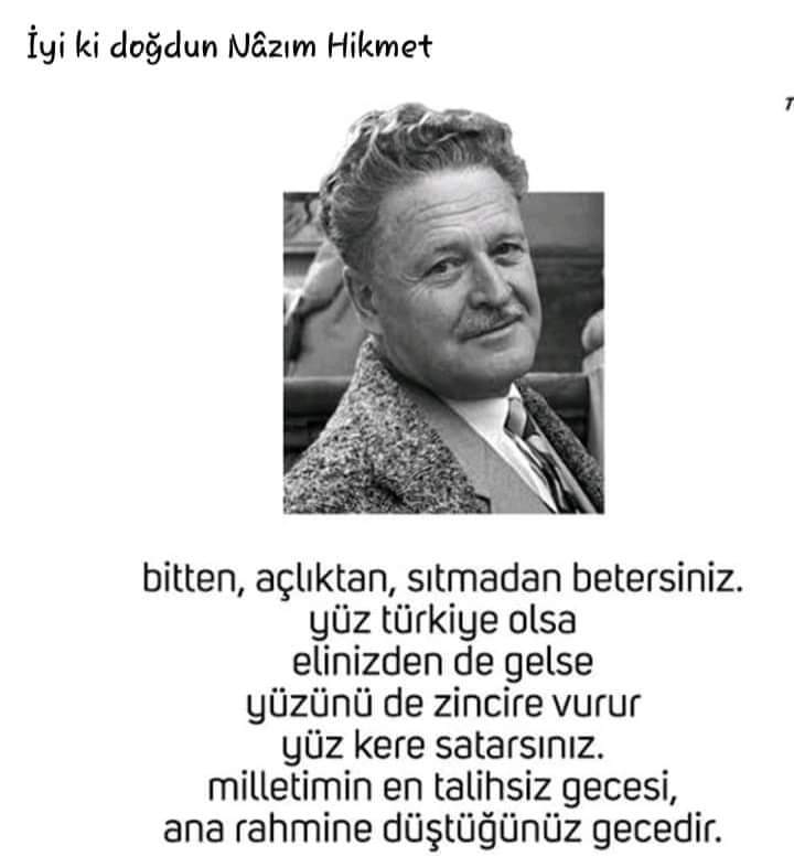 SANA DÙŞMAN,BANA DÙŞMAN,DÙŞÙNEN ÌNSANA DÙŞMAN,VATAN KÌ BU ÌNSANLARIN EVÌDÌR SEVGÌLÌM ONLAR VATANA DÙŞMAN..
NAZIM HÌKMET RAN