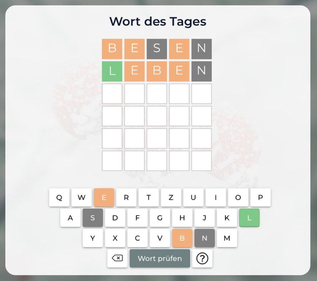 Für alle Wordle-Fans: das Spiel gibt es neu in deutscher Sprache. 😊

web.schabi.ch/spielen/wordle