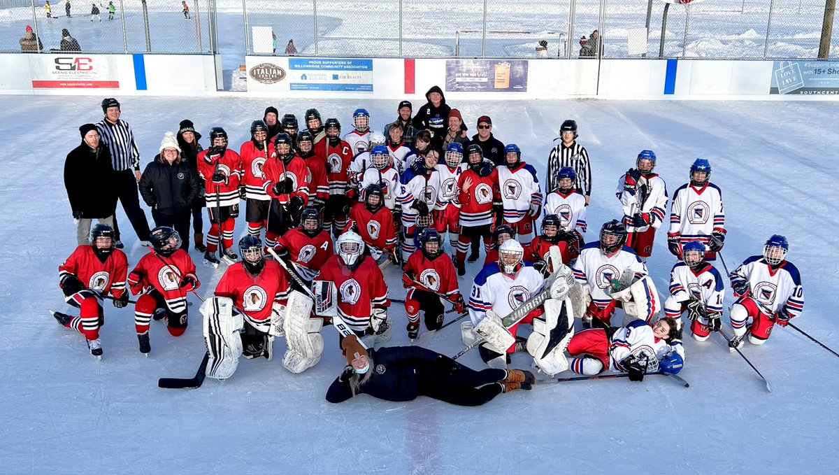 BuffsHockey's tweet photo. It was a perfect day for an outdoor classic! Our U13 AA Hawks and Rangers took to the ice at Willow Park for a little CBHA friendly rivalry! https://t.co/WYgSV8ZAOW