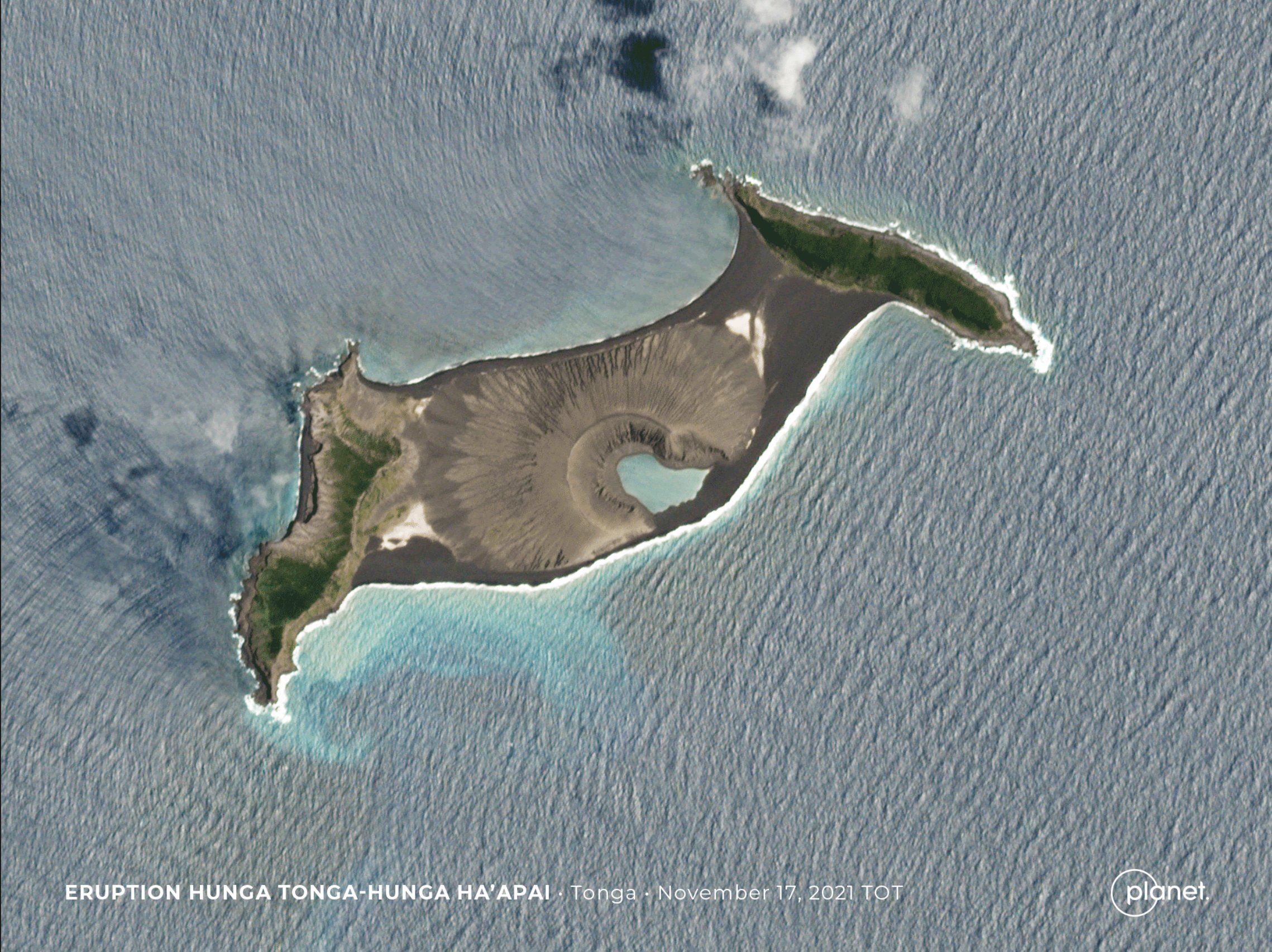 Hunga Tonga-Hunga Ha'apai viewed from orbit on November 17, 2021. A volcano is visible between the two islands.
