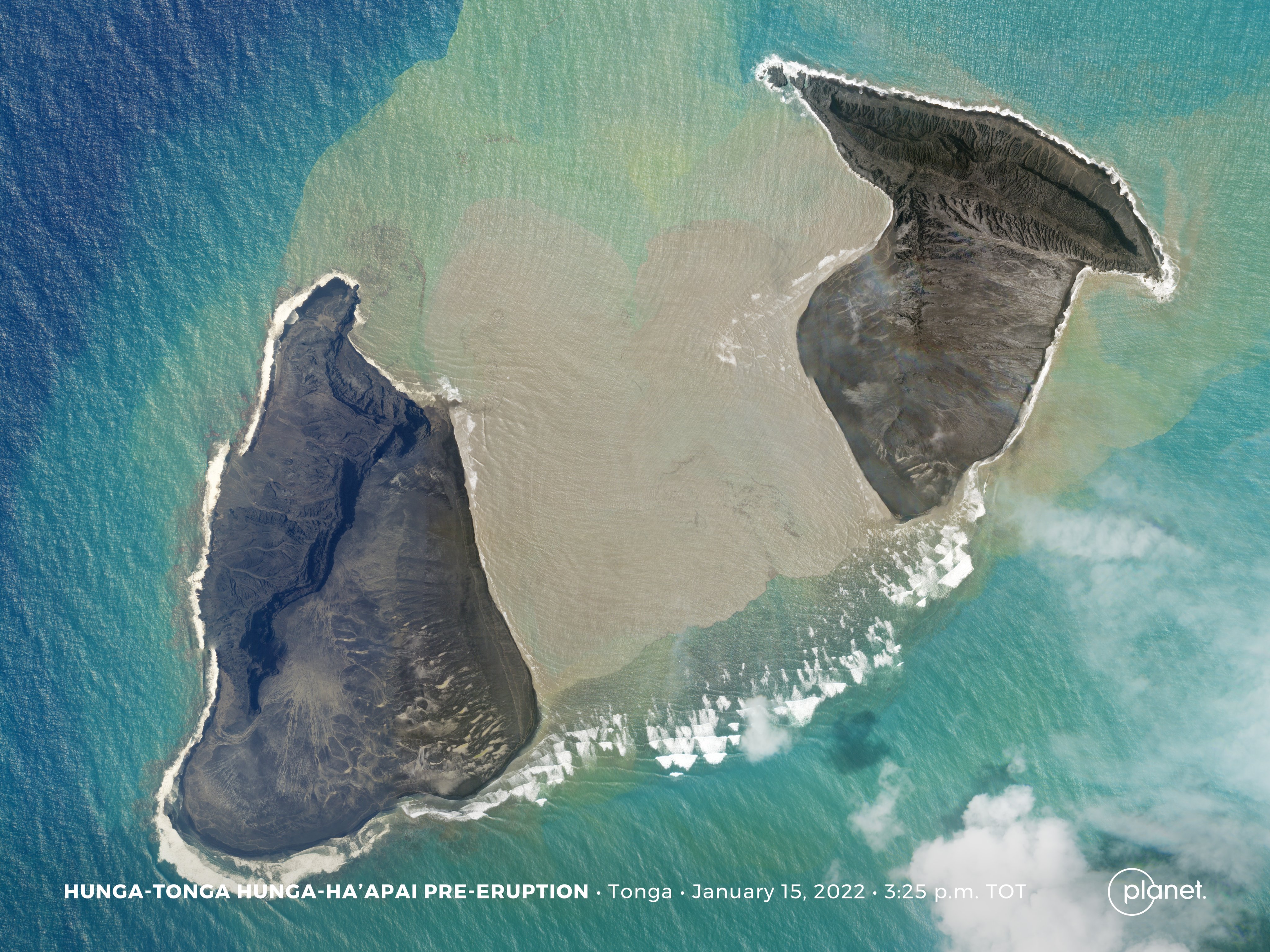 Hunga Tonga-Hunga Ha'apai on January 15, 2022. The caldera is underwater and obscured from view, two hours before the large eruption.