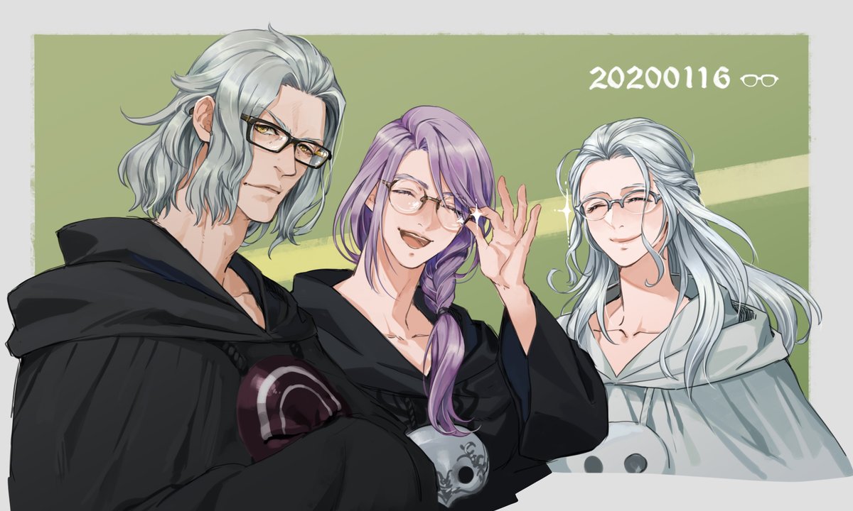 glasses single braid black robe purple hair multiple boys braid long hair  illustration images