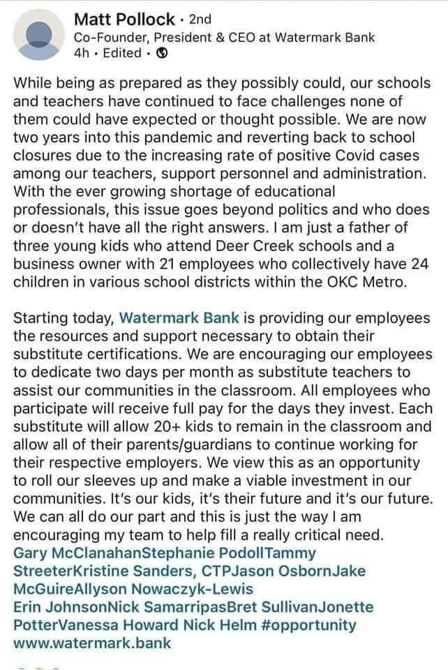 This is leadership in a community. Wow. If anything is worth your one minute read today, it’s this. People like this give me so much hope. I also hope all educators in that region start banking there! #FutureReady #Leadership. #OkEdchat