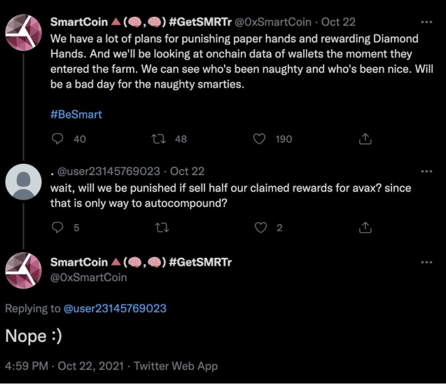 <a href="/jonray/">Jon Ray (🃏,🔮)</a> <a href="/nanichainlink/">0xNani ⬡</a> Hi J ray hope you are well, this tweet has been deleted was it intended to be sarcastic? aha. my question is if smrtr cannot be naked swapped as originally promised why was selling our rewards a metric thats penalised? selling not suiciding. Thanks, take care <a href="/0xSmartCoin/">SmarterCoin</a>