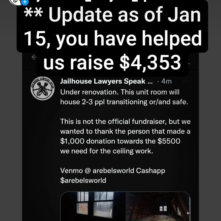 JailLawSpeak's tweet photo. JLS HOUSING CENTER: 
$4,353 has been donated as of this date for the ceiling repairs. 

Forward Motion.... Solidarity https://t.co/TdiXJ9sLTj