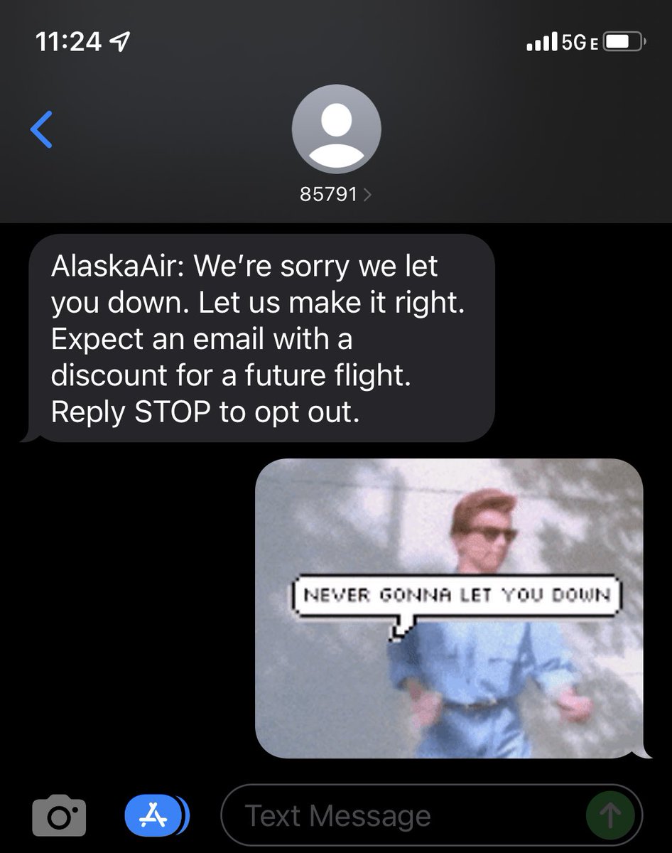 anthonysva's tweet photo. @AlaskaAir no worries never gonna give you up https://t.co/jGLf55XBaA