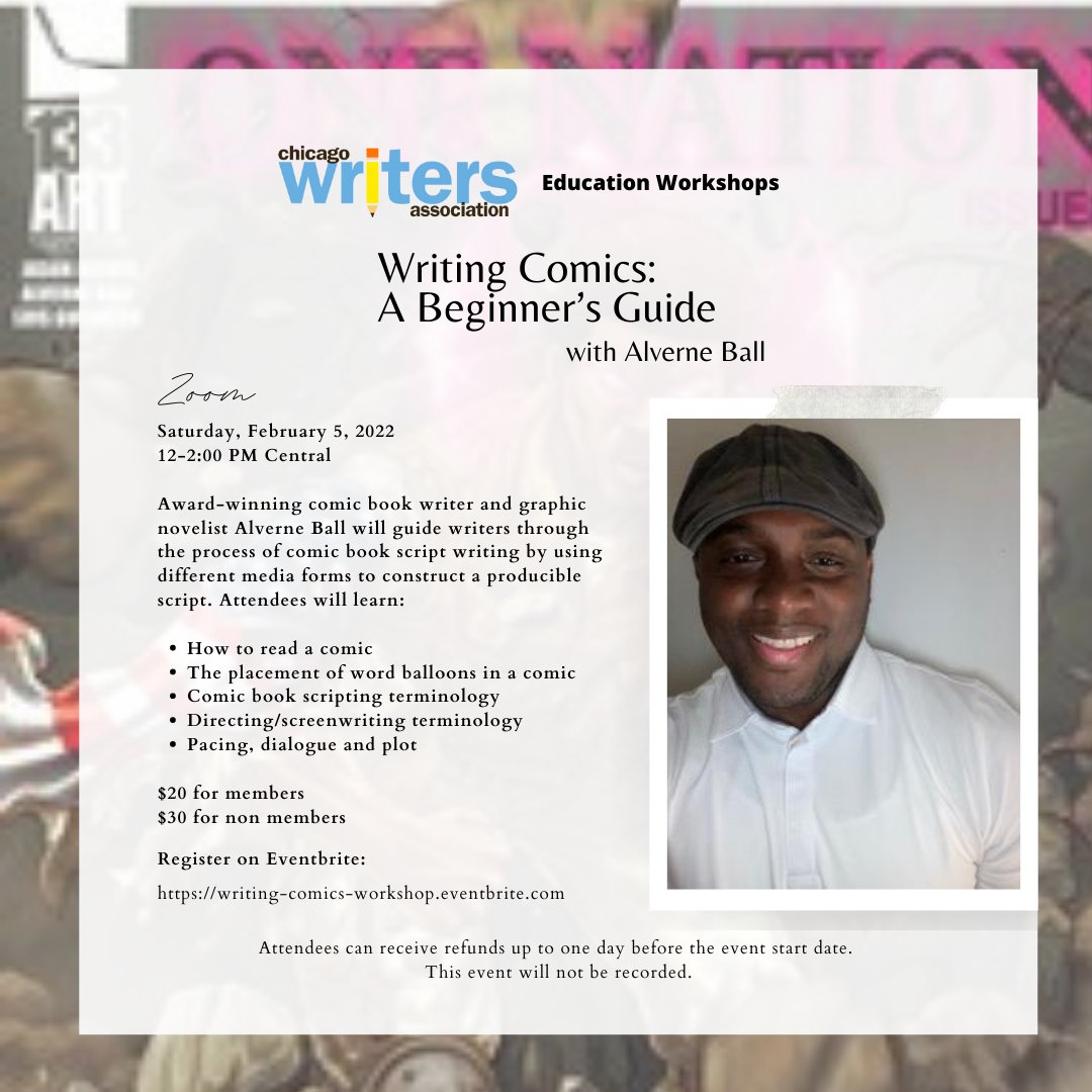 chicagowrites's tweet photo. Want to #write comics? On Saturday, February 5, Alverne Ball (@AlverneBall) will teach a workshop made for beginners on how to write comic book scripts.
#Register on @Eventbrite: https://t.co/HuGf6Ex2jE
#comics #comicbooks #comicwriting #workshop #chicagowrites #JustWrite2022 https://t.co/3E2CMwvKAJ