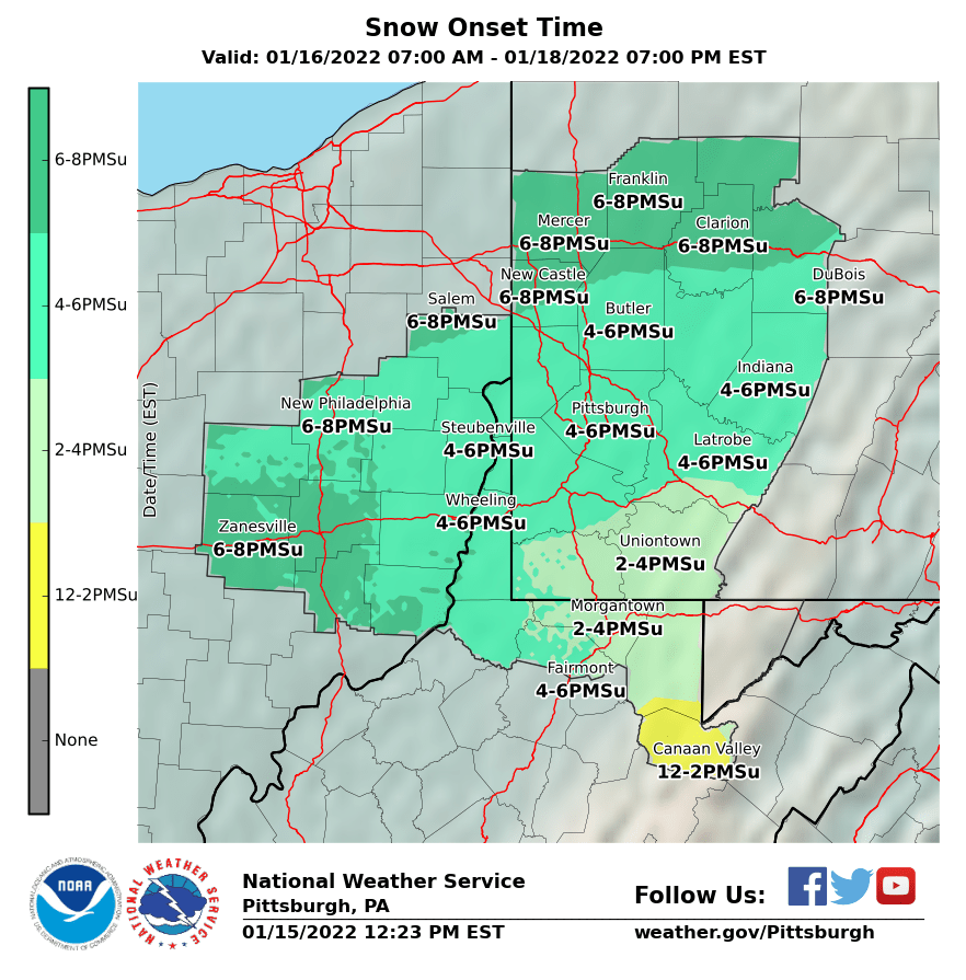 NWSPittsburgh's tweet photo. Here is the latest onset time graphic for hazardous winter weather tomorrow. 

Make sure to have a plan when traveling. https://t.co/eGuR3Uk1S5