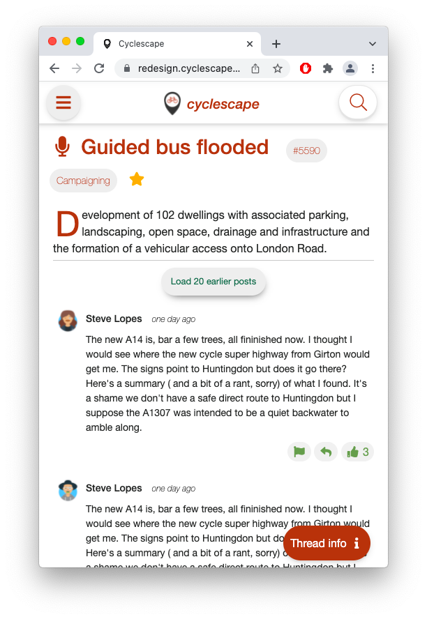 Our redesign continues to move forward - we've now got some live demo pages to illustrate what the new design will be like, and we welcome your feedback.

blog.cyclescape.org/2022/01/08/red…