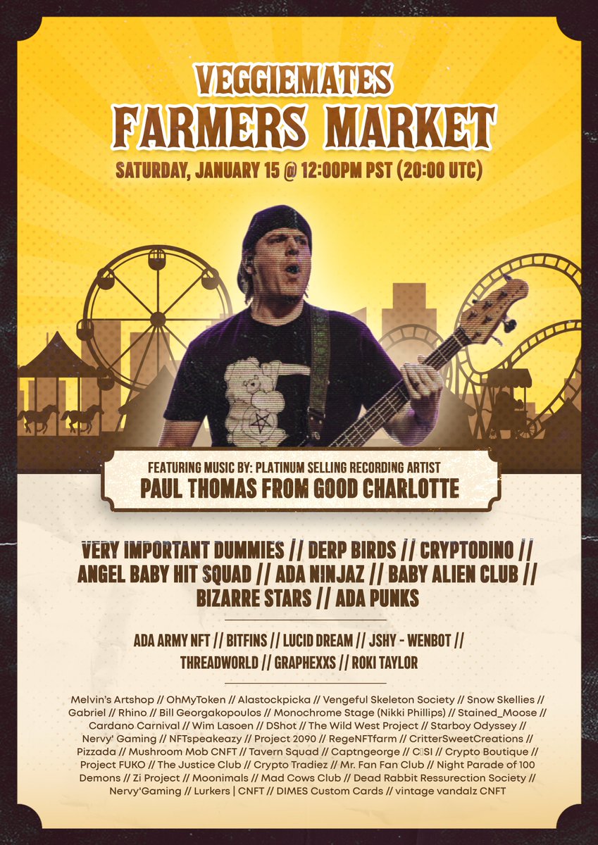 VeggieMatesNFT's tweet photo. Farmers market is going live now! Join the discord to see vendors:https://t.co/ftx5dKHq2R

There will be plenty of giveaways hosted by some of our 50+ guest

We will be posting the performance on Twitch as well:
https://t.co/eAA4nRnBug

#CNFTs #CNFT #CNFTCommunity #CNFTGIVEAWAY https://t.co/HTk6I1FUjq