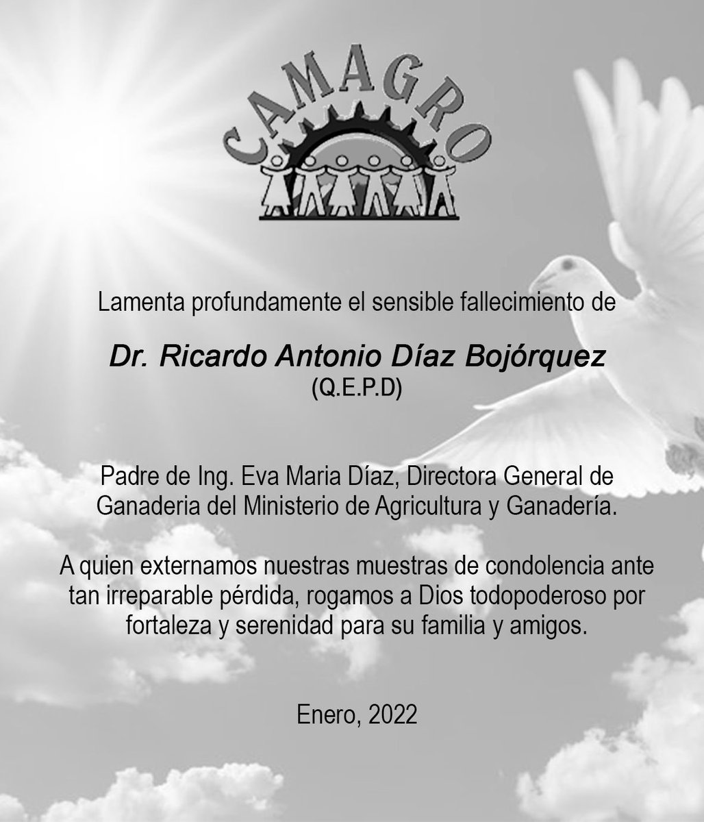 CAMAGRO_ES's tweet photo. #CAMAGRO lamenta profundamente el sensible fallecimiento de Dr. Ricardo Antonio Díaz Bojórquez.
Padre de Ing. Eva María Díaz, Directora General de Ganadería del Ministerio de Agricultura y Ganadería.
A quien externamos nuestras muestras de condolencia ante tan irreparable pérdida https://t.co/IYW1qtkAYt