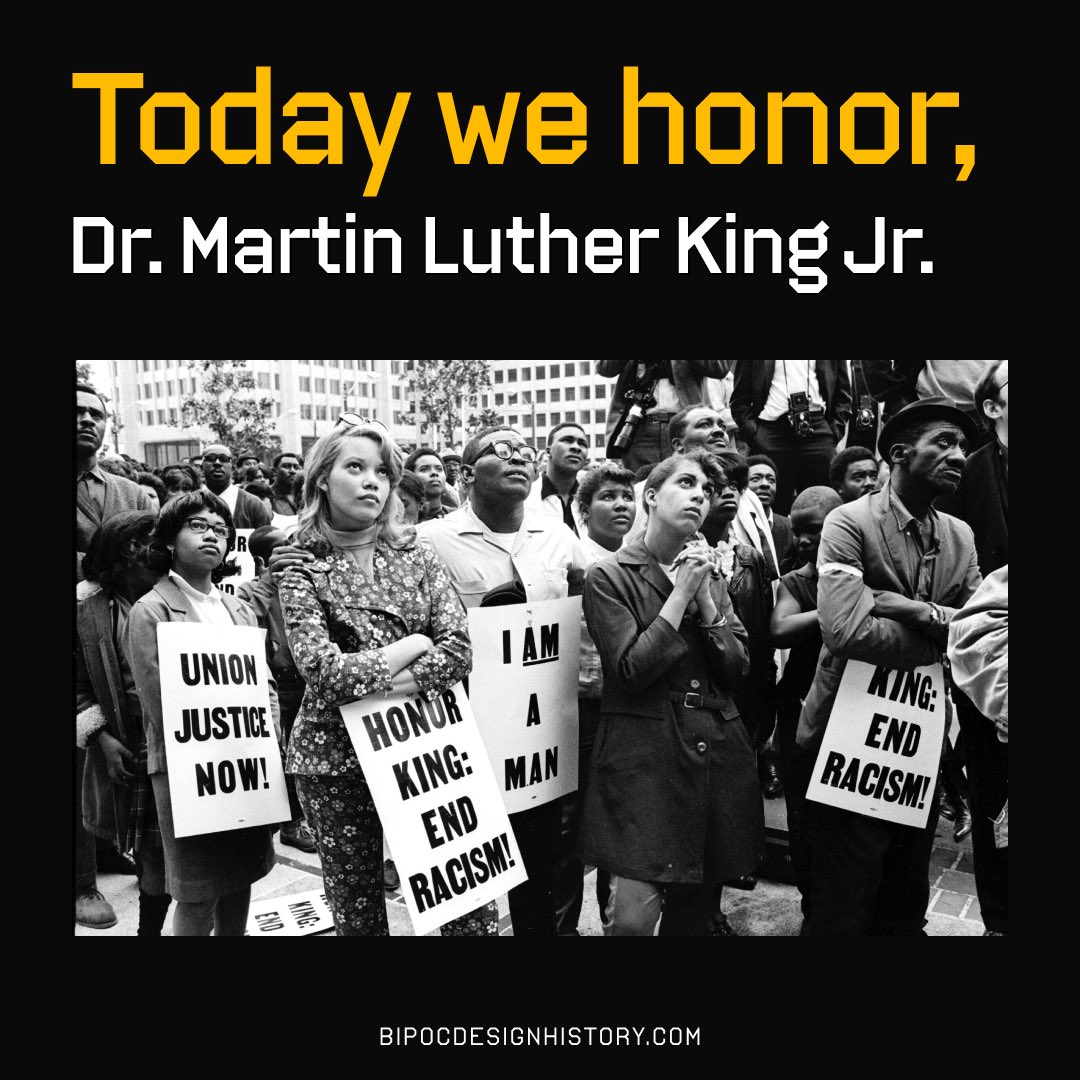 Today we celebrate the birthday of Dr. Martin Luther King Jr.

Last year on MLK day, Colette Gaiter gave her lecture, Strikethrough: Typography Messages of Protest for Civil Rights. BIPOC Design History offers this lecture for free.

#MLKDAY
#DRKING
#IAMAMAN
#bipocdesignhistory