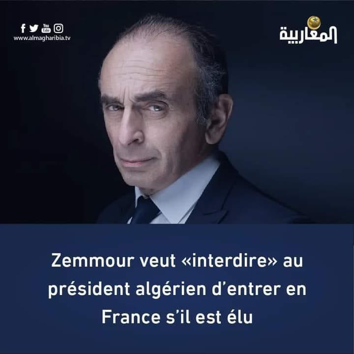 Tamazgha_'s tweet image. 🔴🇩🇿🇫🇷 Sur BFMTV, Éric #Zemmour a affirmé que s’il était élu et que l’#Algérie🇩🇿 #refusait de coopérer dans le plan d’extradition des ressortissants #algériens qu’il comptait accélérer et amplifier, #Tebboune serait interdit d’accès au territoire français.
