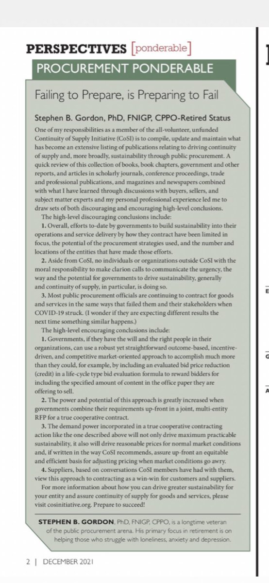 StephenBGordon's tweet photo. It’s a true privilege to be able to write the “Procurement Ponderable” column in Government Procurement magazine. I hope you’ll find this most recent column relevant and timely. Public procurement officials can drive sustainability and continuity of supply! https://t.co/DL2vMpXfDt