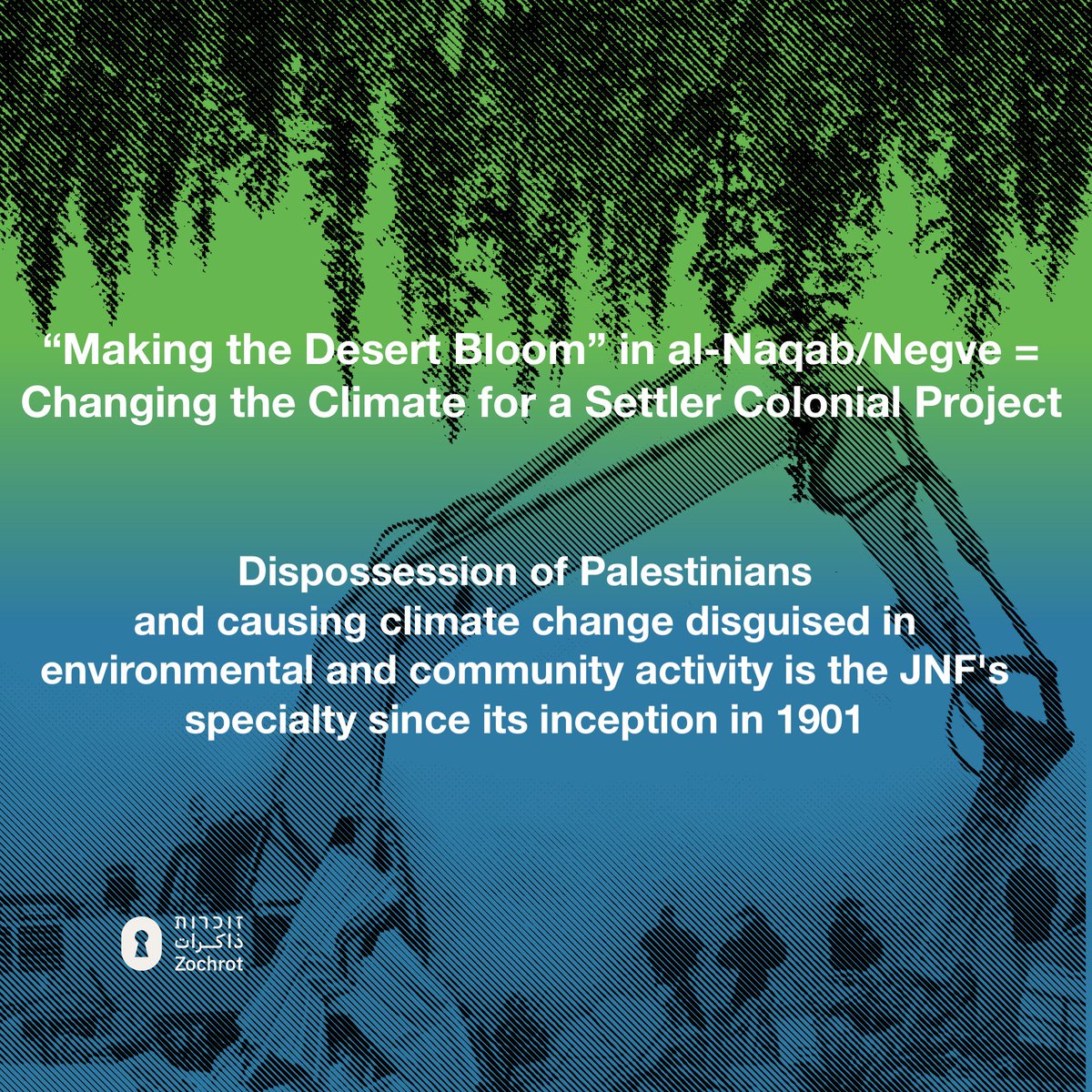 JNF claims to have environmental objectives.  Don’t be taken in. The JNF’s #Tree planting is a cover for dispossession and #EthnicCleansing  
Today #Jerusalem ,Galilee &amp; across alNaqab, the JNF continues its now 120-year legacy of dispossession and displacement. #savealnaqab