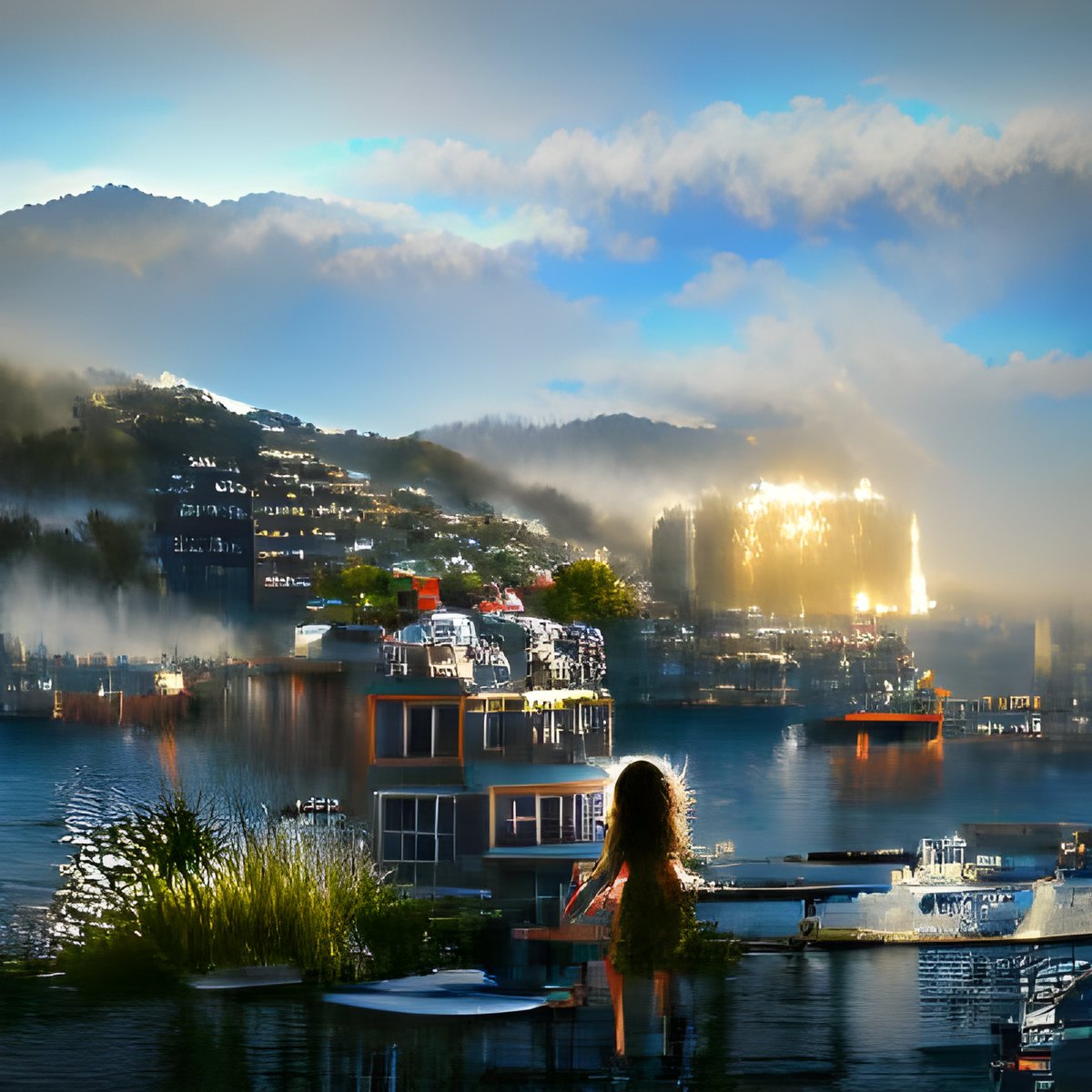 the girl looked out across #wellington harbor, shimmering in the misty morning sun.. the houses across the harbor on #mountvictoria with warm twinkling lights - made with @NightCafeStudio #nightcafe #digitalart creator.nightcafe.studio/creation/W4bVz…