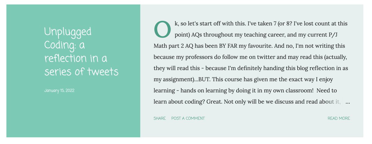 MsAmber_teacher's tweet photo. Ok so - it's been a while. But a NEW BLOG POST IS UP!

Taking my P/J Math part 2 AQ has given me an opportunity to reflect on my learning + teaching, starting with a coding lesson reflection assignment. Enjoy! #OCDSBcodes 

https://t.co/ncEwHIJdJE https://t.co/XN9ZudQLxZ