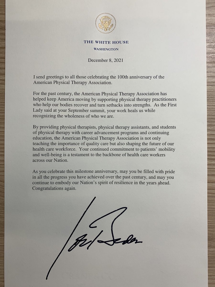 policy4pt's tweet photo. Great to receive this letter from ⁦⁦⁦@POTUS⁩ ⁦Biden recognizing ⁦@APTAtweets⁩ 100 years of advancing physical therapy. Look forward to making individuals &amp; communities healthier in our next century.    APTA was founded 101 years  ago today in NYC. #FoundersDay https://t.co/R8WyaPZoQO