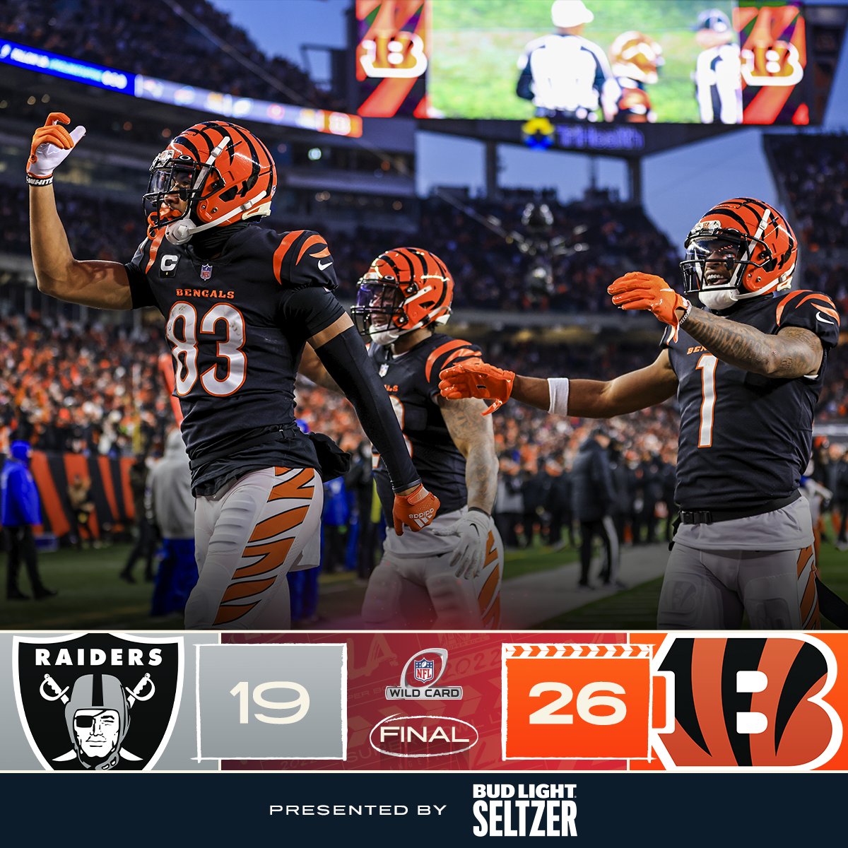 FINAL: The <a href="/Bengals/">Cincinnati Bengals</a> win their first #NFLPlayoffs game in 31 years! #SuperWildCard #RuleTheJungle 

(by <a href="/budlight/">Bud Light</a>)