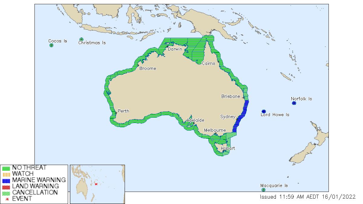 #NSW, #LordHoweIsland, #NorfolkIsland #Tsunami Warnings for the marine environment continue after volcanic eruption near the TONGA ISLANDS yesterday. #TAS, #VIC and #QLD #Tsunami Warnings have been cancelled. Latest info here: bom.gov.au/tsunami.