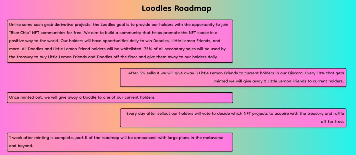 LoodlesNFT's tweet photo. The roadmap is here. We want to set ourselves apart from the cash grab derivatives. Our team and project is here to stay, rewarding our holders daily. 🍋 Three people that RT this and comment their ETH address below will win .1 eth! https://t.co/Awsabk4tE0