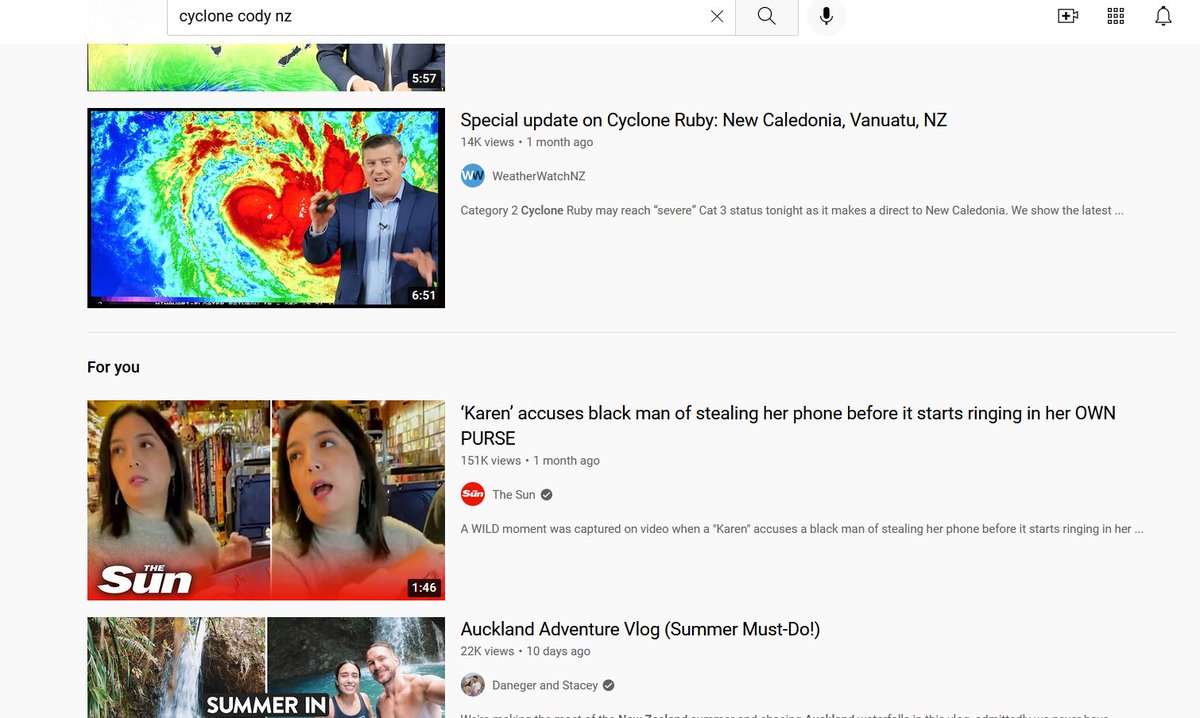 MaradaelESO's tweet photo. Can @YouTube stop with this shit?
I'm looking for relevant information about Cyclone Cody heading towards my country and they have Karen bullshit and some peoples holiday vlog???
#CycloneCody https://t.co/WIzwYJoWcc