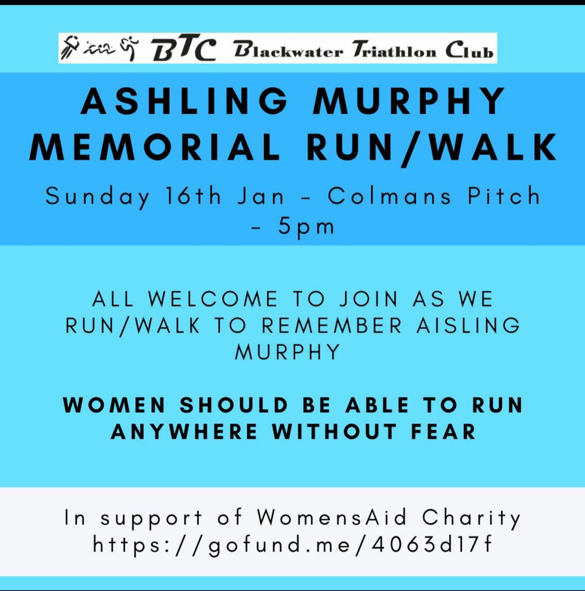 blackwatertri's tweet photo. Blackwater Triathlon Club would like to offer our deepest sympathies to the family and friends of Aisling Murphy, who died tragically in Tullamore this week.  We would like to invite you to walk/run a lap of Coleman's pitch with us on Sunday 16th January at 5pm. https://t.co/XwFNvsdATn