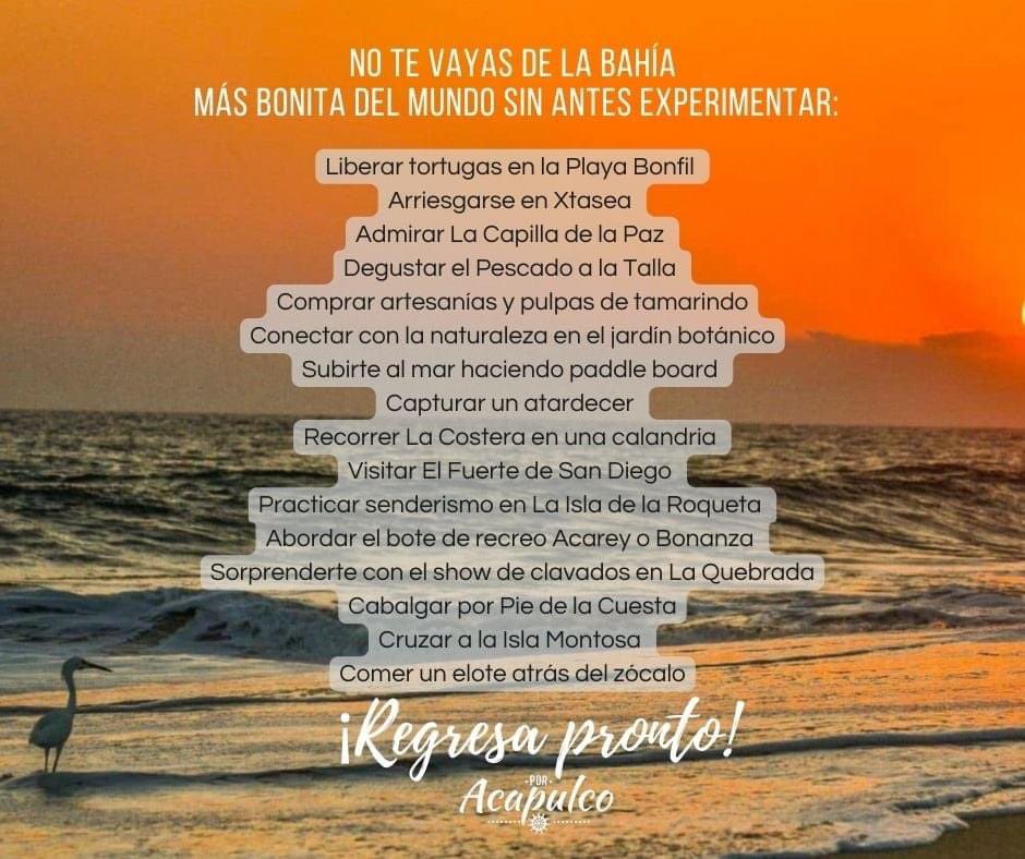 ¡Hey tú, si tú!

No puedes partir de la bahía más bonita del mundo sin antes visitar y experimentar los siguientes puntos. 🥰 🌊

Si crees que falta agregar una parada obligatoria, comparte cuál en los comentarios. ¡Hagámoslo #PorAcapulco!