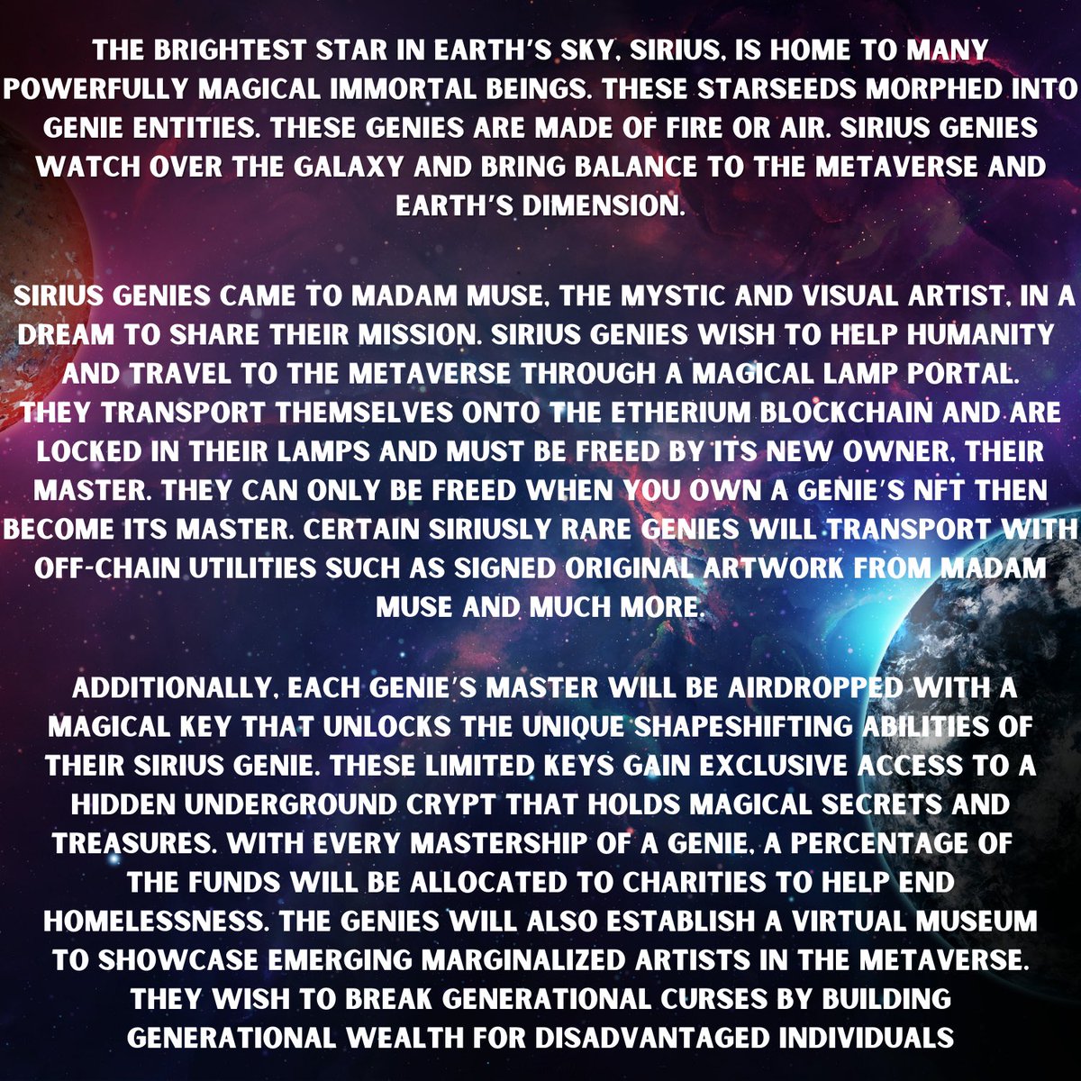 SiriusGenies's tweet photo. The Sirius Genies NFT Collection
Project Information and Mission  #nft #nftdrop #nftart #nfts #nftcollectors #nftcommunity #nftgiveaway #WomeninNFTs #nftproject #siriusgenies https://t.co/TTktN2GRQ1