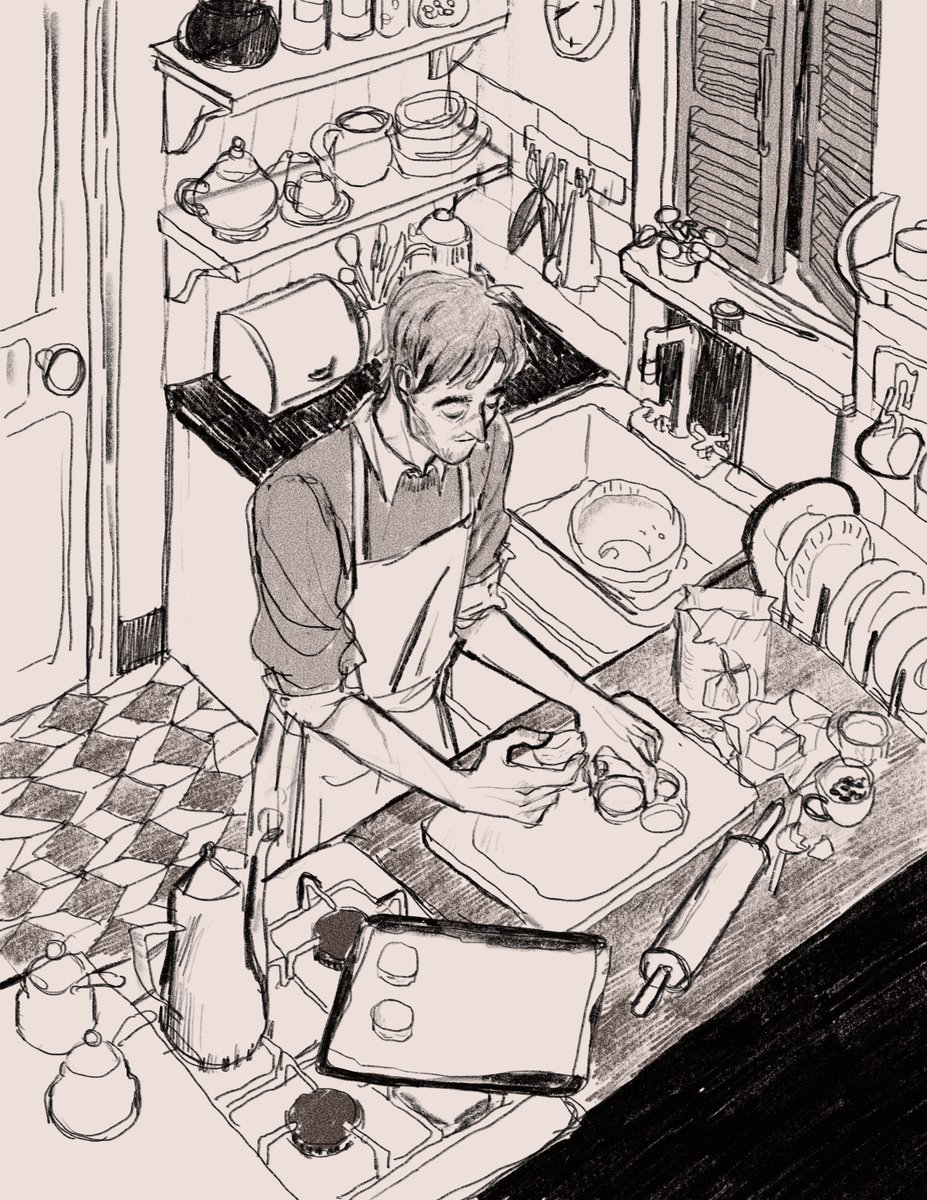 in his tiny kitchen 