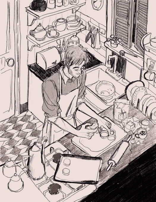 in his tiny kitchen 