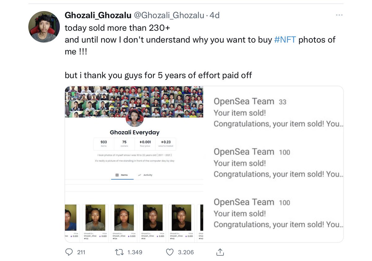 NFT_Decrypted's tweet photo. Ghozali Everyday”s  Million Dollar +  #NFT sales cannot be explained by roadmap, community or background.

# real life 1000 unique pics are more valuable than code generated rarities.

# Emotional stickiness of Ghozali’s innocence 

# Meme like virality

@Ghozali_Ghozalu #NFTs https://t.co/jnGQffE9Xy