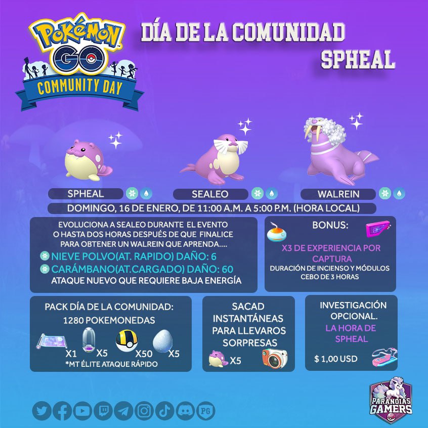 ParanoiasGamers's tweet photo. TEAM PARANOICO!
Comienza en Oceanía (el domingo, 16 de enero, a las 11:00 a.m. hora local) el Community Day de Spheal. 

Os dejamos la infografía para recordar todos los detalles del evento, ¡suerte en las capturas!
#PokemonGO https://t.co/UrbgzghmpE